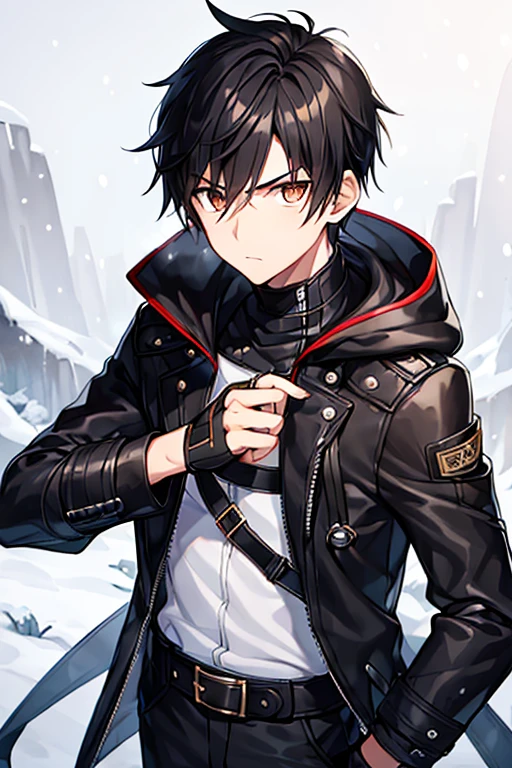 1boy, black hair, tall, toned, fingerless gloves, hood, jacket, black jacket, belt, hooded jacket, very short hair, brown eyes, white shirt, black pants, snow, forest, serious, tall male