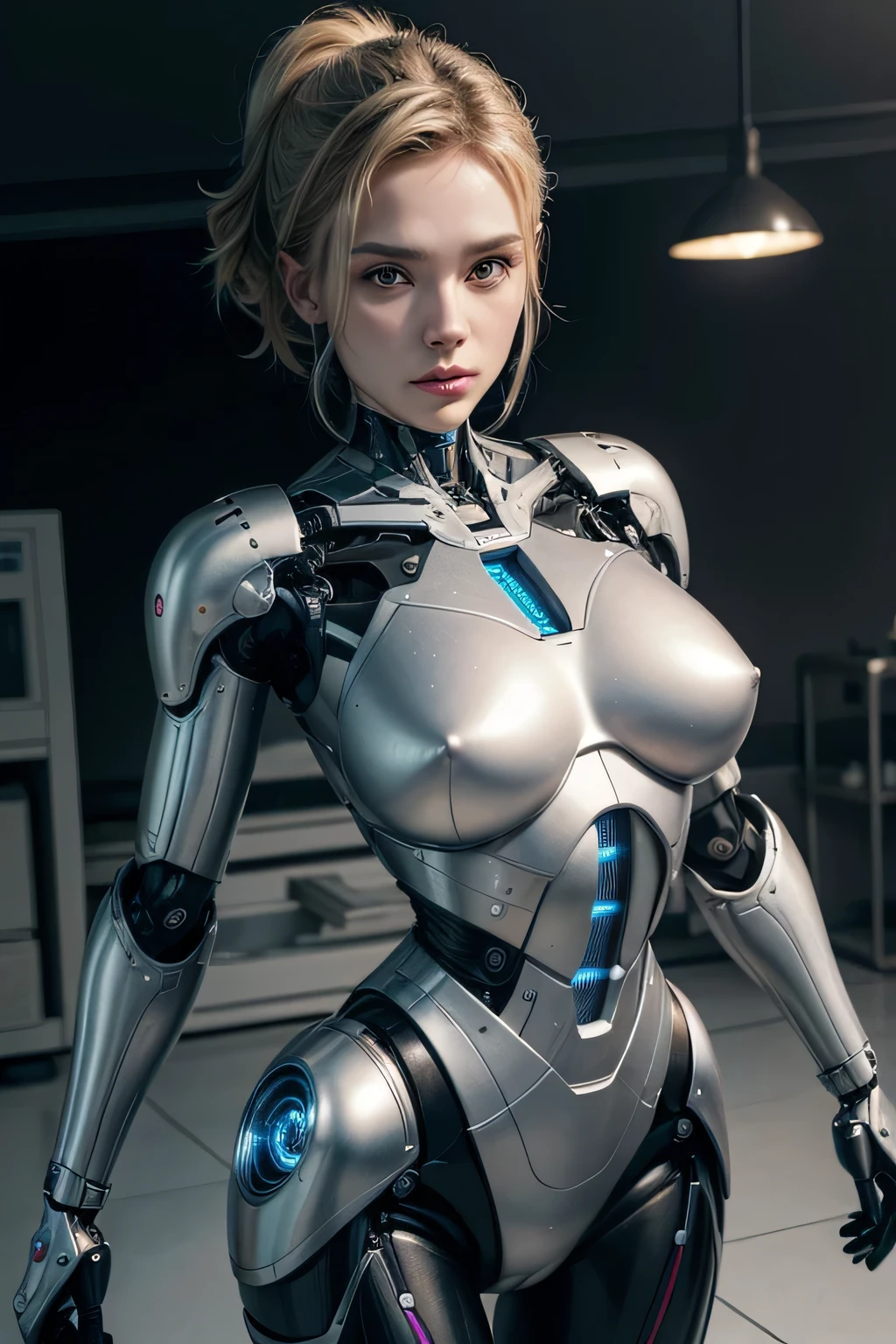 A man who has been transformed into a female robot　Mechanical and feminine body　Somehow masculine behavior　The background is the laboratory, UHD, retina, masterpiece, accurate, anatomically correct, textured skin, super detail, high details, high quality, award winning, best quality, highres