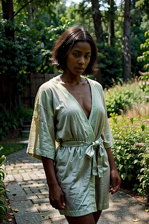 (best quality:1.5), (hyperrealistic:1.5), tall_toned, messy_short_black_haired, brown_eyed, tanned_chocolate_skin, 32_year_old_ivorian_woman, all_lemon-green_robe_clothes, walking_outside_wood_house, grassy_forest, sunny_scenery, side_view