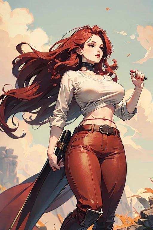 A redhead standing on the ground, wide hips, thin waist, beautiful full red lips, lush wavy hair, long torpedo shaped tits, brown pants, loose white buccaneer shirt, long riding boots