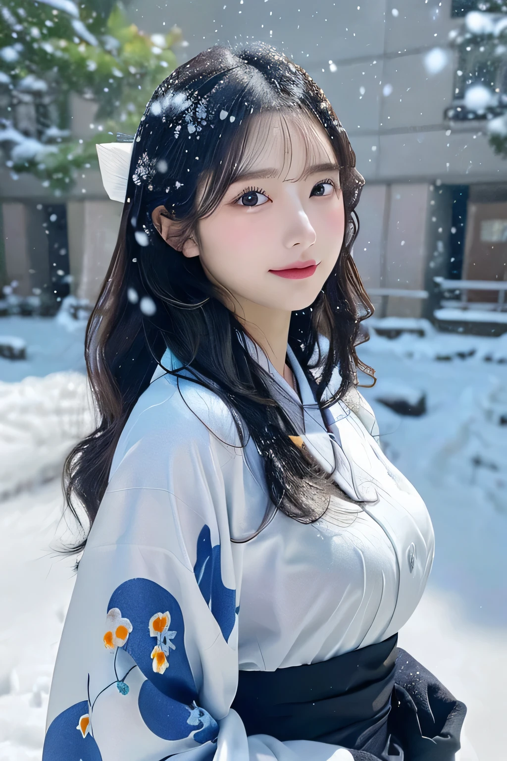 (Kawaii Kimono)、、(top-quality,​masterpiece:1.3,超A high resolution,),(ultra-detailliert,Caustics),(Photorealsitic:1.4,RAW shooting,)Ultra-realistic capture,A highly detailed,high-definition16Kfor human skin、 Skin texture is natural、、The skin looks healthy with an even tone、 Use natural light and color,One Woman,japanes,,kawaii,A dark-haired,Middle hair,(depth of fields、chromatic abberation、、Wide range of lighting、Natural Shading、)、、(Falling snow:1.3)、(Hair swaying in the wind:1.3)、(Snow reflects light:1.3)  、(Large Breasts:1.3)、