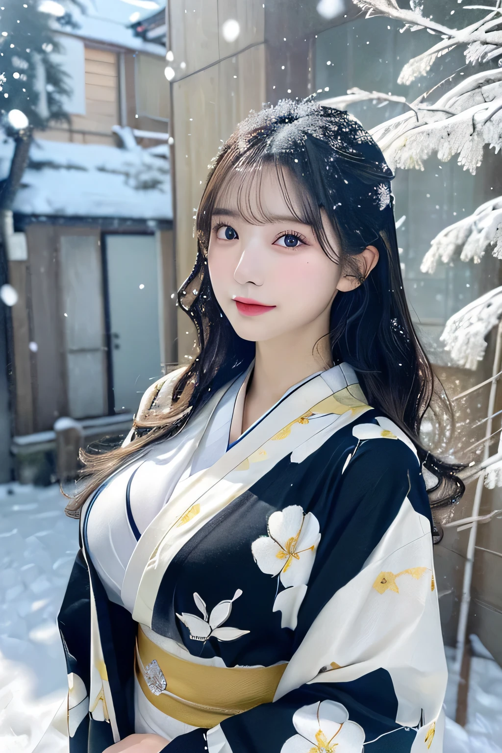 (Kawaii Kimono)、、(top-quality,masterpiece:1.3,超A high resolution,),(ultra-detailliert,Caustics),(Photorealsitic:1.4,RAW shooting,)Ultra-realistic capture,A highly detailed,high-definition16Kfor human skin、 Skin texture is natural、、The skin looks healthy with an even tone、 Use natural light and color,One Woman,japanes,,kawaii,A dark-haired,Middle hair,(depth of fields、chromatic abberation、、Wide range of lighting、Natural Shading、)、、(Falling snow:1.3)、(Hair swaying in the wind:1.3)、(Snow reflects light:1.3) 、(Large Breasts:1.3)、