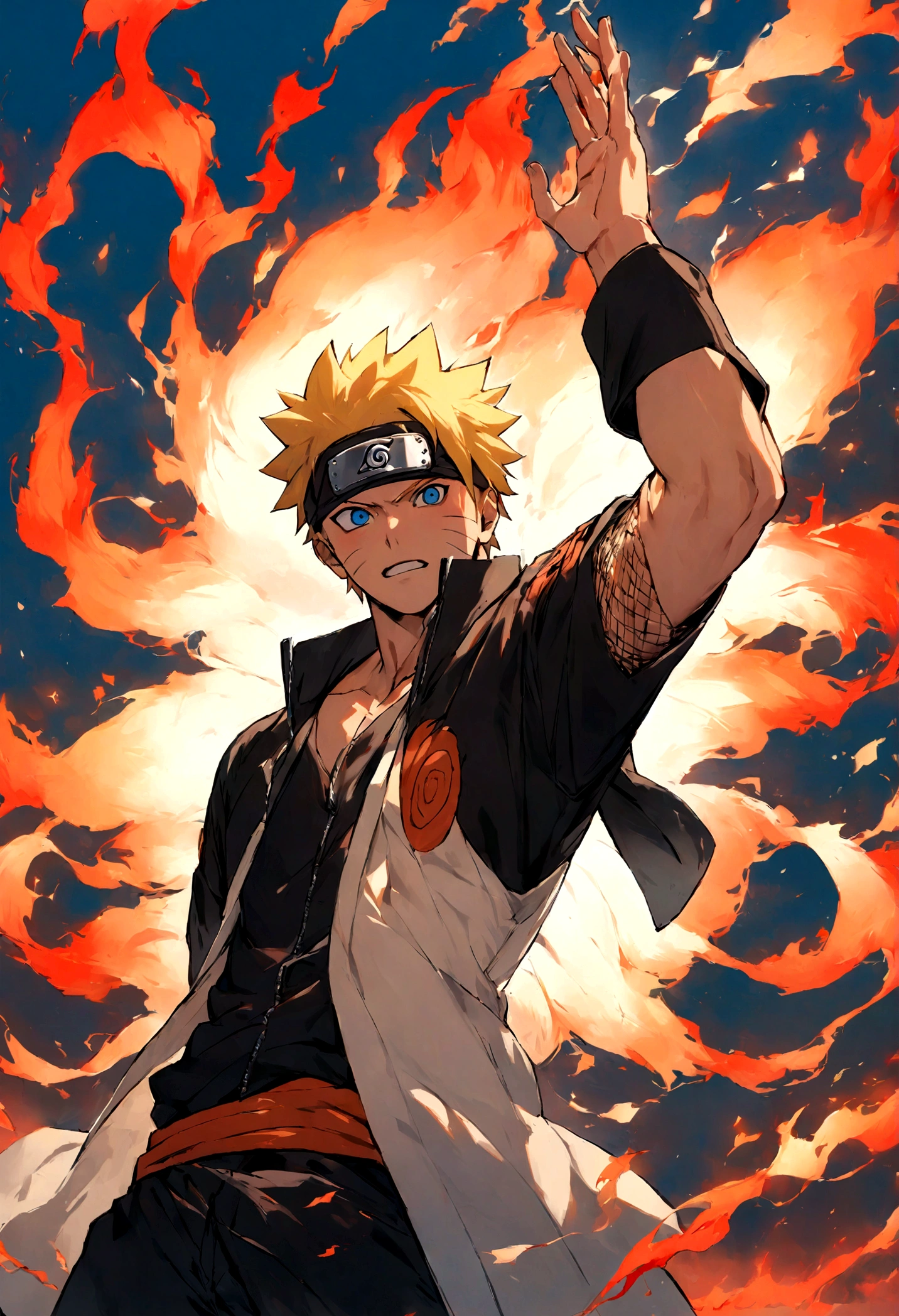 1 boy, Men&#39;s Center, naruto uzumaki,naruto, masterpiece, highest quality, so beautiful,、cool、、strongest、Fire Aura、Ninja、Flame Nine Tails、Red light、