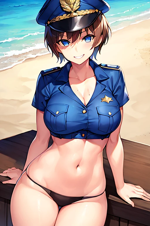 1girl, police hat, bikini, brown hair, pixie cut, hourglass figure, highleg, policewoman, police, smile, blue eyes, beach, large breasts, thick thighs, wet, smile, smirk, smug, very short hair