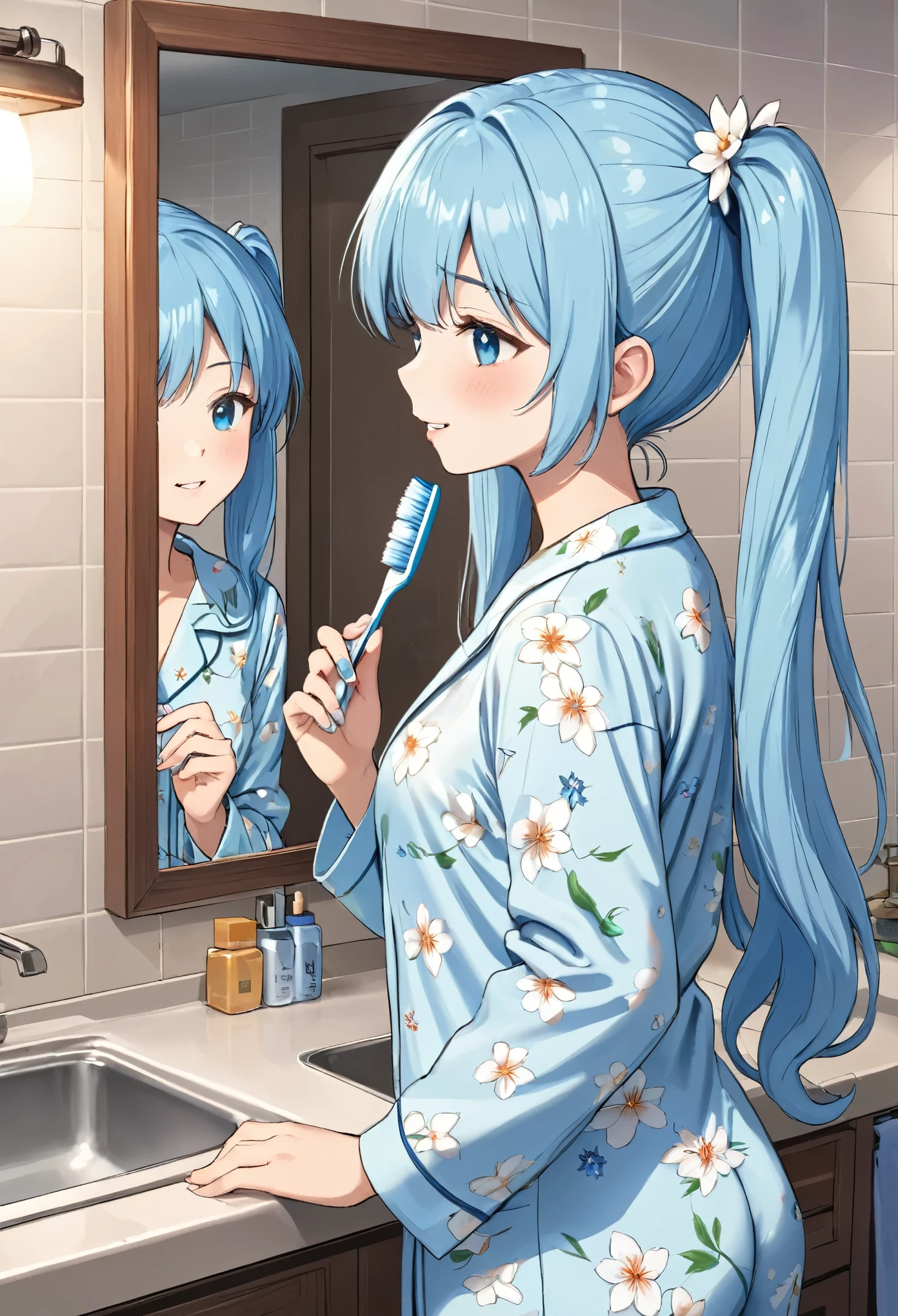 (masterpiece, highest quality), One girl, Light blue long hair、Twin tails、,From the side, brush teeth, Holding a toothbrush, reflection, mirror, looking at themselves, Side-breasted, Side Opening, sink, Tile wall、White floral pajamas
