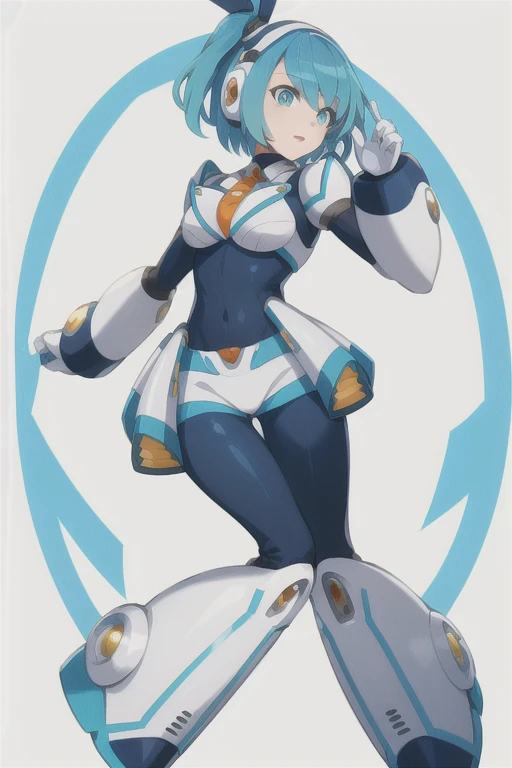 rico_megamanxdive, 1girl, solo, blue eyes, short hair, blue hair, android, bodysuit, white background with nothing, masterpiece, high quality, full body