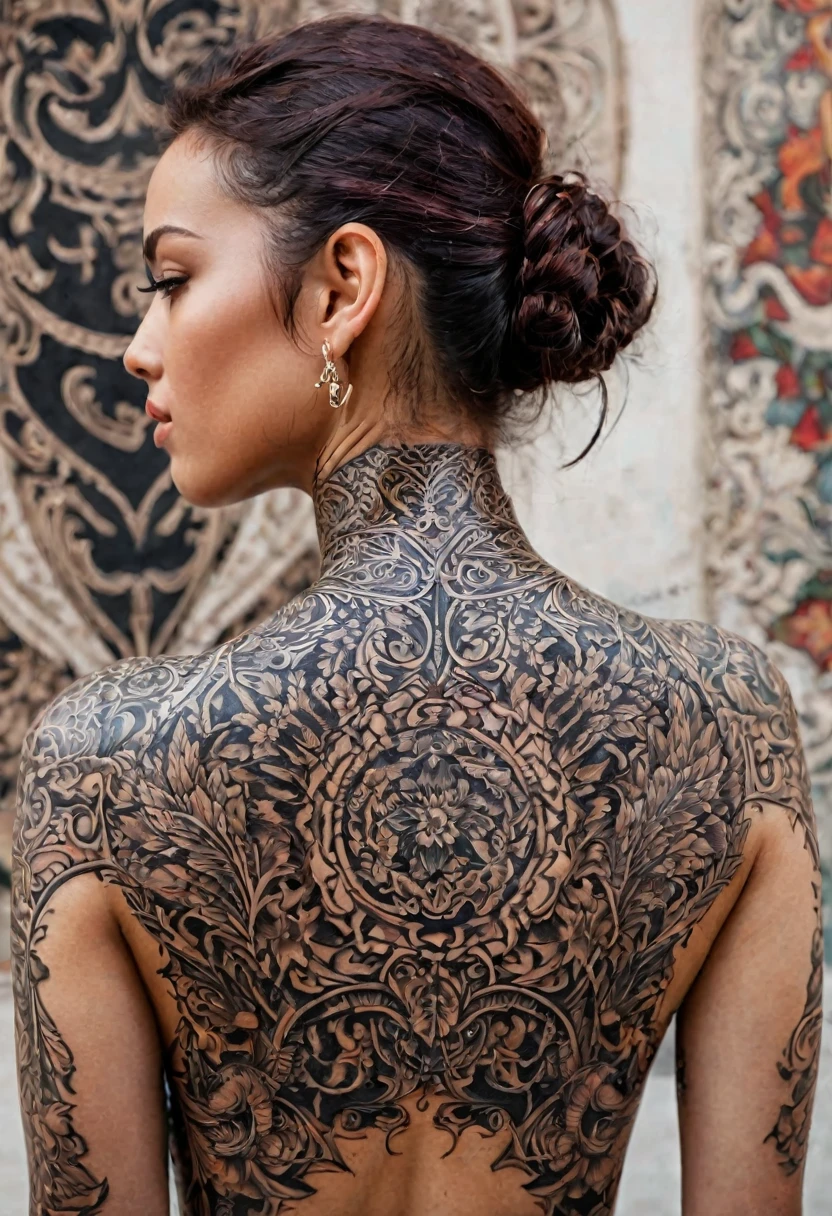 neck Tattoo, upbody, backview, from above, detailed background, by Eva Gonzalez, Eva_Gonzalez, best quality, masterpiece, very aesthetic, perfect composition, intricate details, ultra-detailed