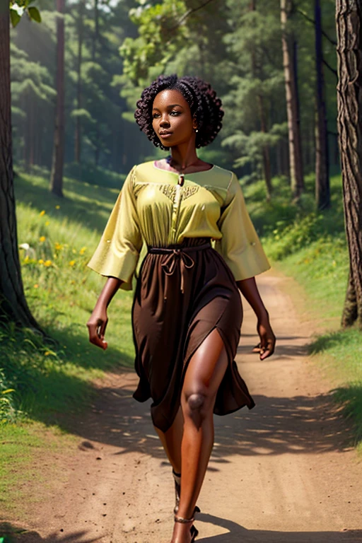 (best quality:1.5), (hyperrealistic:1.5), tall_toned, curly_short_black_haired, brown_eyed, tanned_chocolate_skin, 32_year_old_ivorian_woman, all_lemon-green_tunic_clothes, walking_outside_wood_house, grassy_forest, sunny_scenery, side_view