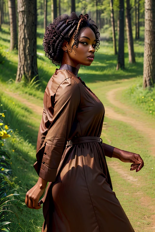 (best quality:1.5), (hyperrealistic:1.5), tall_toned, curly_short_black_haired, brown_eyed, tanned_chocolate_skin, 32_year_old_ivorian_woman, all_lemon-green_tunic_clothes, walking_outside_wood_house, grassy_forest, sunny_scenery, side_view