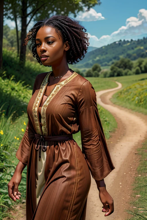 (best quality:1.5), (hyperrealistic:1.5), tall_toned, curly_short_black_haired, brown_eyed, tanned_chocolate_skin, 32_year_old_ivorian_woman, all_lemon-green_tunic_clothes, walking_outside_wood_house, grassy_forest, sunny_scenery, side_view