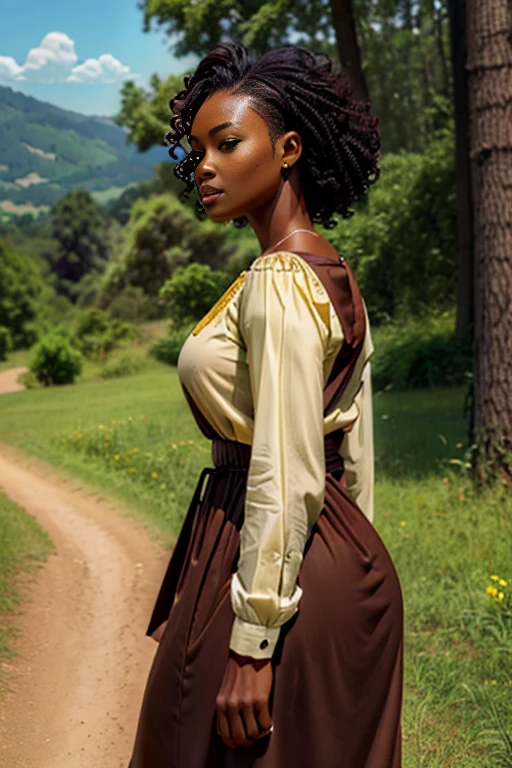(best quality:1.5), (hyperrealistic:1.5), tall_toned, curly_short_black_haired, brown_eyed, tanned_chocolate_skin, 32_year_old_ivorian_woman, all_lemon-green_tunic_clothes, walking_outside_wood_house, grassy_forest, sunny_scenery, side_view