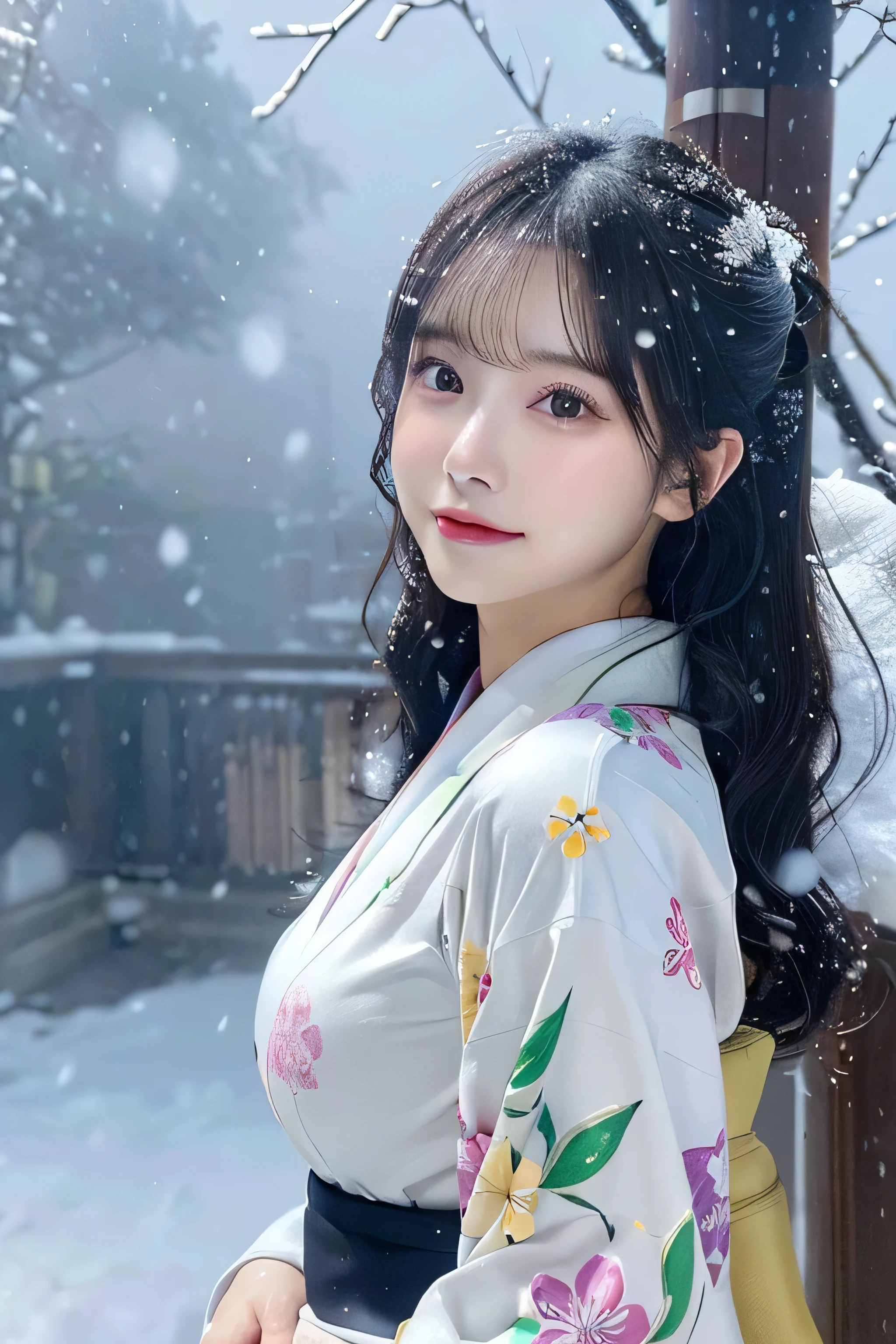 (Kawaii Kimono)、、(top-quality,​masterpiece:1.3,超A high resolution,),(ultra-detailliert,Caustics),(Photorealsitic:1.4,RAW shooting,)Ultra-realistic capture,A highly detailed,high-definition16Kfor human skin、 Skin texture is natural、、The skin looks healthy with an even tone、 Use natural light and color,One Woman,japanes,,kawaii,A dark-haired,Middle hair,(depth of fields、chromatic abberation、、Wide range of lighting、Natural Shading、)、、(Falling snow:1.3)、(Hair swaying in the wind:1.3)、(Snow reflects light:1.3)  、(Large Breasts:1.3)、