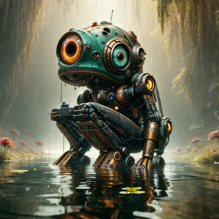 (masterpiece, best quality:1.2), a frog that is sitting in the water, cyberpunk art, by Beeple, digital art, aetherpunk airbrush digital art, very cute robot zen, just art for dark metal music, style of jeff soto, steampunk world, cyberpunk garden, steampunk robot ant, alejandro burdisio art, gritty feeling, 3rd eye, music album art, perfectly detailed