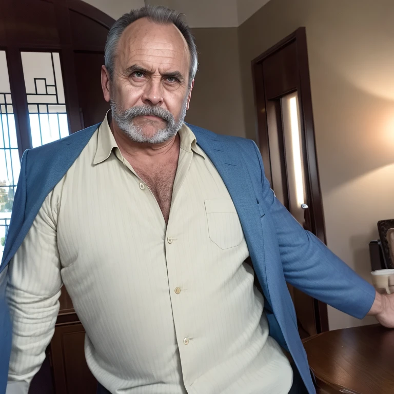 (masterpiece, best quality:1.2), A distinguished older man in his late 50s to early 60s, with an oval face shape, broad forehead, high cheekbones, and a well-defined jawline. He has gray, thinning hair that is short and combed back, complemented by a full beard and mustache that are also gray with darker patches. His light complexion shows signs of aging with wrinkles and fine lines. He has medium-sized light-colored eyes, possibly blue or green, that convey a calm and direct gaze. His expression is neutral to slightly serious with a gentle smile. The setting is a simple, well-lit indoor environment, with the man wearing a casual yet elegant outfit, consisting of a blazer and a shirt.
