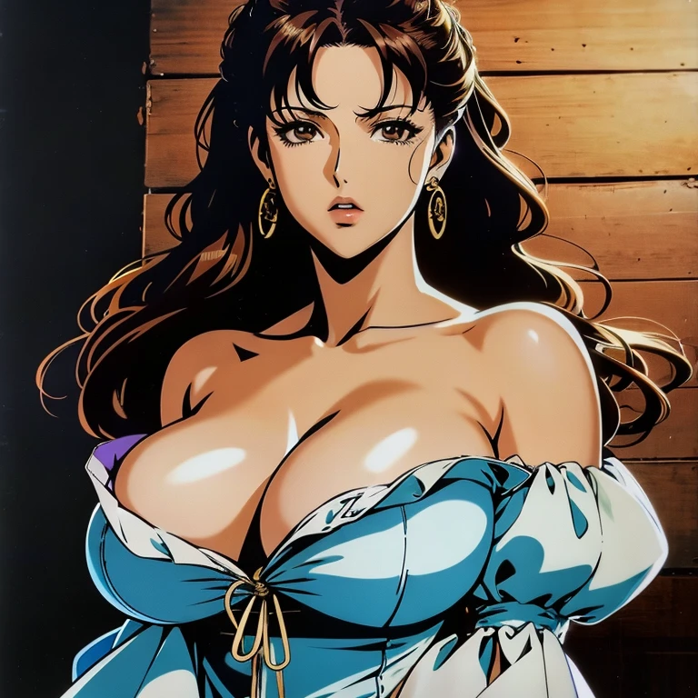 (masterpiece, best quality:1.2), 1girl, solo, anime painting of a woman in a white dress sitting on a bed, by Masamune Shirow, seductive anime girl, manara, style of masamune shirow, anime poster film still portrait, by amano, anime ninja scroll, anime 90s, yoshitaka amano photorealistic, kentaro miura art, inspired by Masamune Shirow, A stunning anime-style woman with voluminous, wavy dark brown hair styled in an elegant updo. She has large, expressive eyes and is wearing long, dangling earrings. Her outfit consists of an off-shoulder, Victorian-style dress with a fitted bodice and puffy sleeves in shades of pink and lavender. her breasts are very large and saggy, her breasts are out over the top of the outfit, seductive pose, The background is a solid black, emphasizing the character's features and outfit. The overall mood is captivating and sophisticated