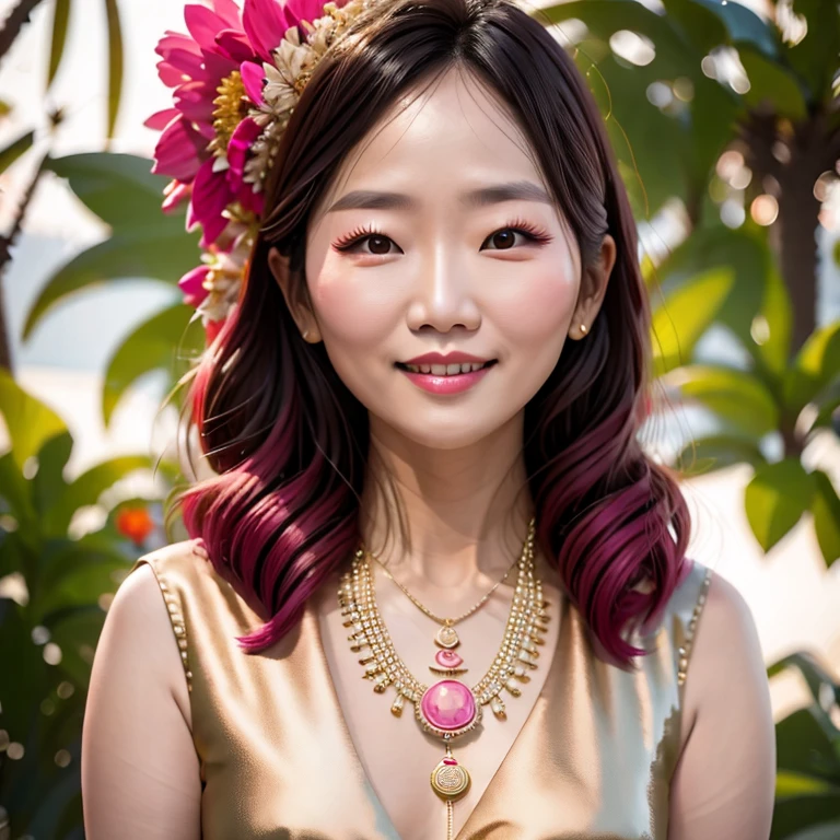 smiling woman with a pink shirt and a gold necklace, 38 years old, wearing several pendants, 8k selfie photograph, 3 6 years old, sangsoo jeong, jiyun chae, (38 years old), inspired by Kim Jeong-hui, without makeup, an asian woman, korean woman, kwak ji young, south east asian with round face
