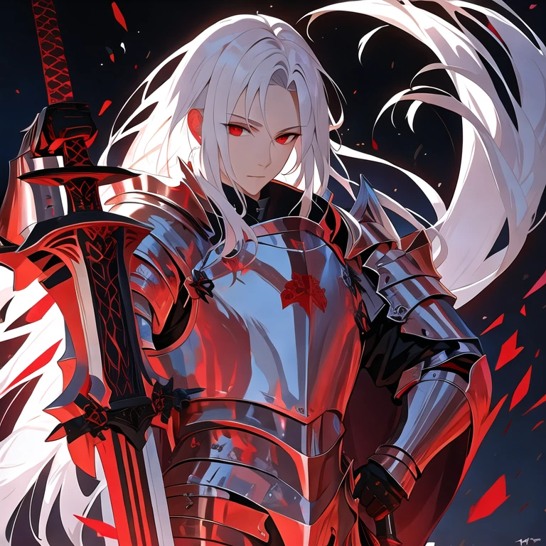 (masterpiece, best quality:1.2), solo, white skin, white hair, long hair, red eyes, albino male, knight, black great sword, big sword, red armor, luxurious armor, Holding the Sword