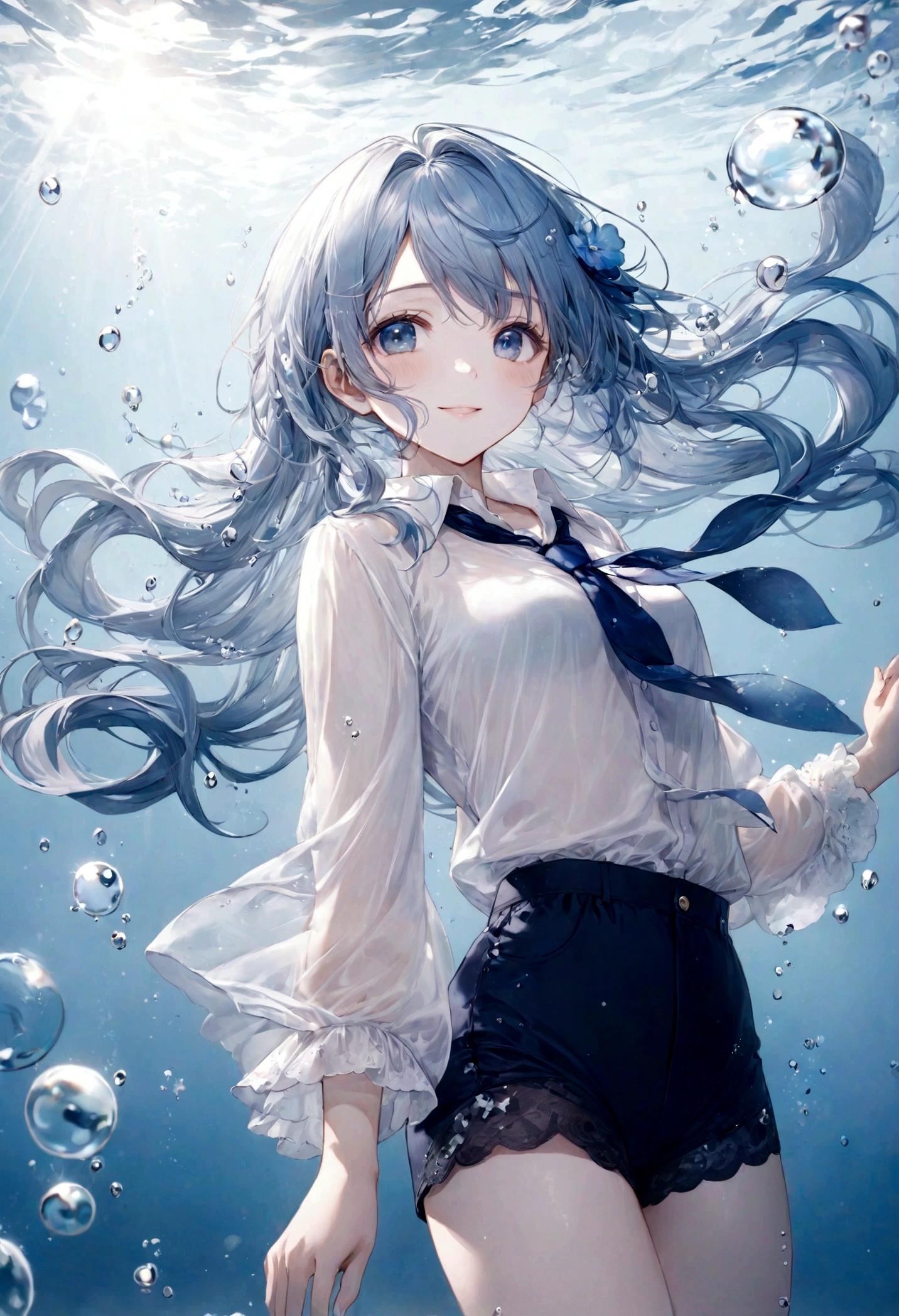 (top-quality)), ((masterpiece)), ((ultra-detailliert)), (extremely delicate and beautiful), bright sky blue hair, watery hair, bright sapphire eyes, fair skin, beautiful woman, sheer white shirt, sheer silky navy blue shorts, navy blue ribbon tie, pearl decorations, underwater world, cold background, air bubbles, water bubbles, underwater, sweet smile, relaxed expression, delicate wavy long hair, blue and white flowers in the water