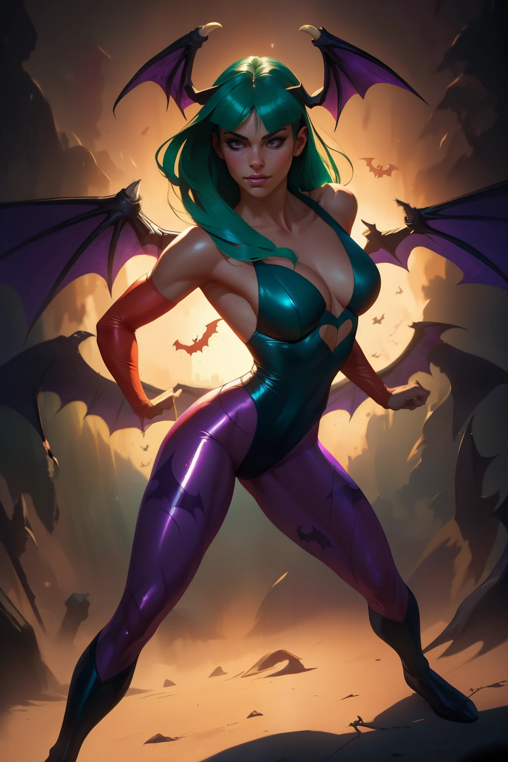 Realistic oil paint portrait of Morrigan Aensland, moonlight, hot Body, ((Dynamic pose)) , soft smile, long green hair black costume , (((Bat wings))) , Hot body, athletic, (purple legs) , detailed skin Textures, intricate, detailed face, hyperrealistic, realistic light and shadows , ((cinematic lighting)) . (((Poetic lighting background))) .