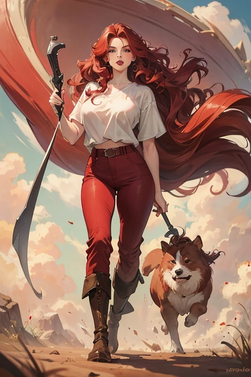 A redhead standing on the ground, wide hips, thin waist, beautiful full red lips, lush wavy hair, long torpedo shaped tits, brown pants, loose white buccaneer shirt, long riding boots
