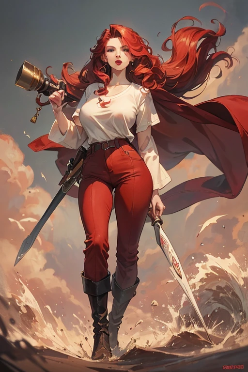 A redhead standing on the ground, wide hips, thin waist, beautiful full red lips, lush wavy hair, long torpedo shaped tits, brown pants, loose white buccaneer shirt, long riding boots