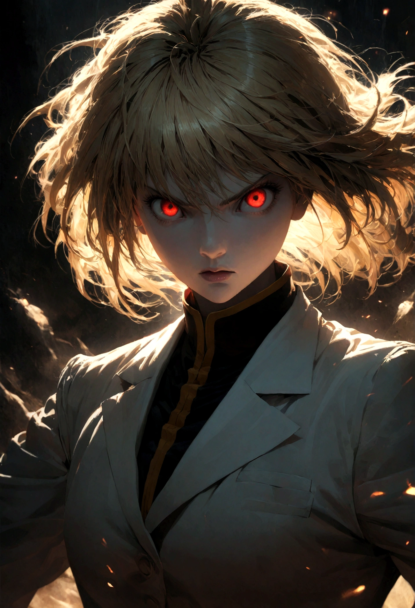 a highly detailed and realistic portrait of Kurapika from the anime Hunter x Hunter, with his scarlet eyes glowing with intensity, determined expression, long blonde hair, wearing a white suit, standing in a dark and ominous background, dramatic lighting, cinematic composition, hyper detailed, 8K, fighting