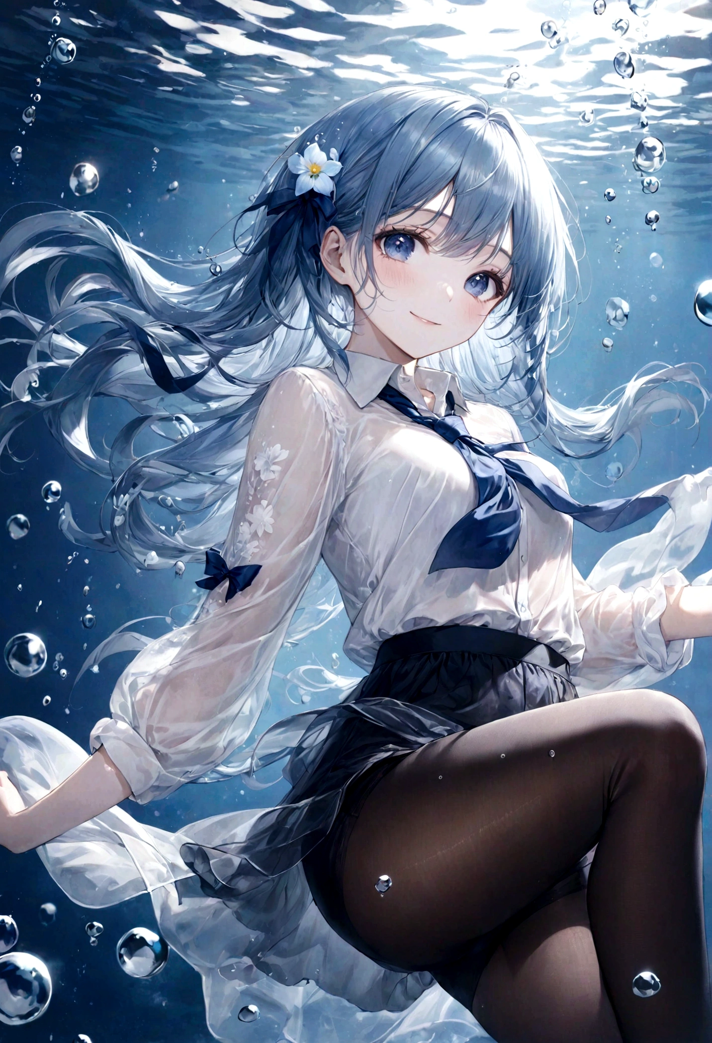(top-quality)), ((masterpiece)), ((ultra-detailliert)), (extremely delicate and beautiful), bright sky blue hair, watery hair, bright sapphire eyes, fair skin, beautiful woman, sheer white shirt, sheer silky navy blue shorts, navy blue ribbon tie, wearing sheer black pantyhose, pearl decorations, underwater world, cold background, air bubbles, water bubbles, underwater, sweet smile, relaxed expression, delicate wavy long hair, blue and white flowers in the water