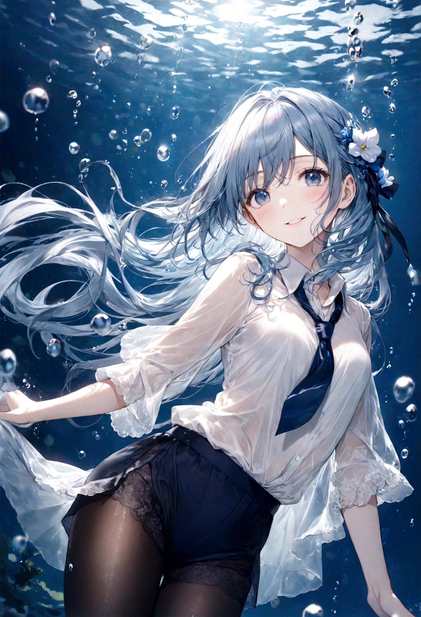 (top-quality)), ((masterpiece)), ((ultra-detailliert)), (extremely delicate and beautiful), bright sky blue hair, watery hair, bright sapphire eyes, fair skin, beautiful woman, sheer white shirt, sheer silky navy blue shorts, navy blue ribbon tie, wearing sheer black pantyhose, pearl decorations, underwater world, cold background, air bubbles, water bubbles, underwater, sweet smile, relaxed expression, delicate wavy long hair, blue and white flowers in the water