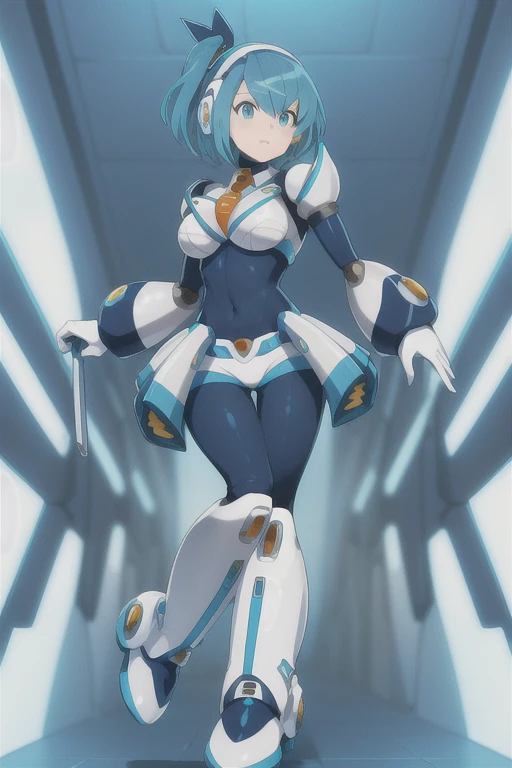 rico_megamanxdive, 1girl, solo, blue eyes, short hair, blue hair, android, bodysuit, white background with nothing, masterpiece, high quality, full body, big bobs, latex clothes, very detailed