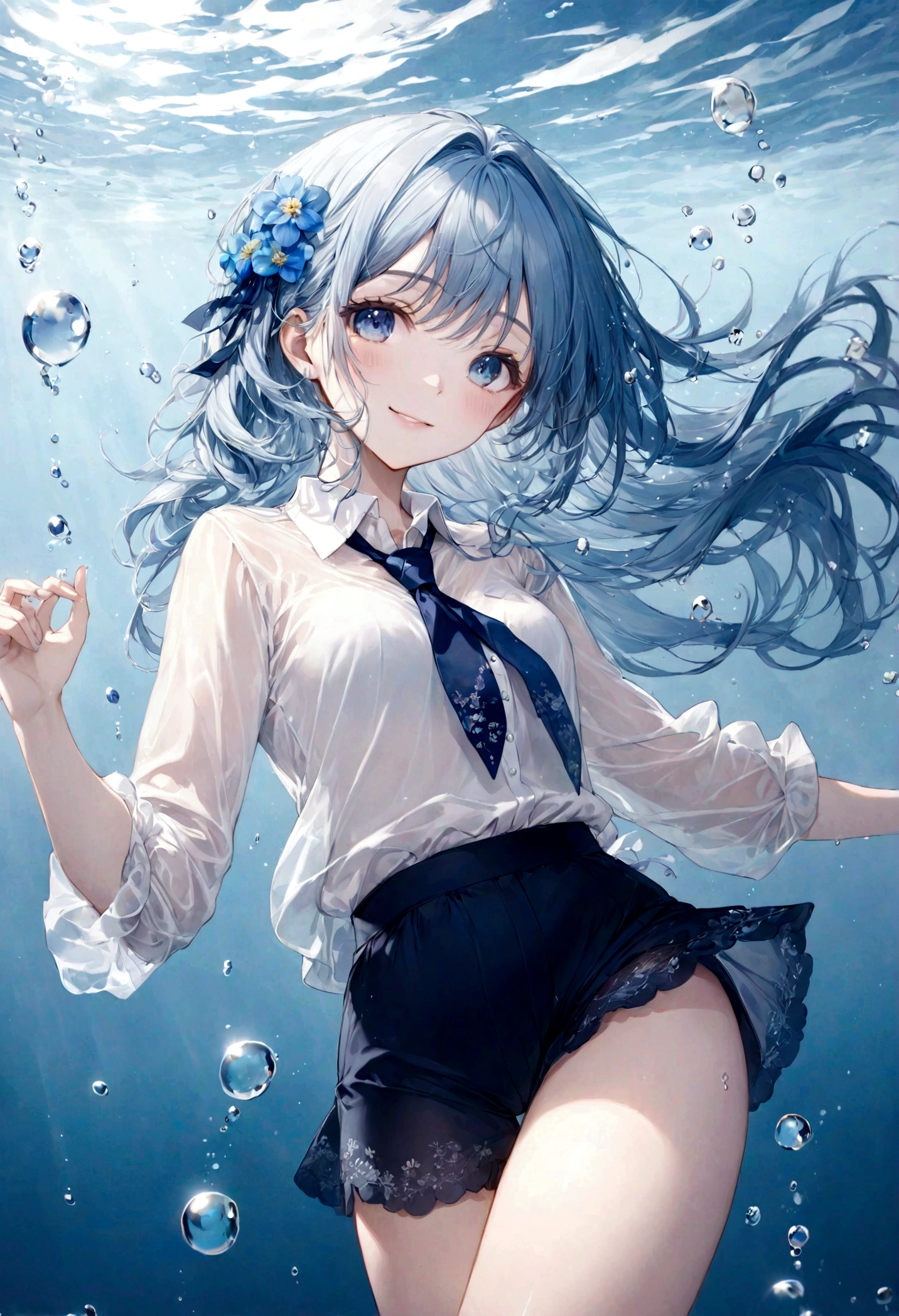 (top-quality)), ((masterpiece)), ((ultra-detailliert)), (extremely delicate and beautiful), bright sky blue hair, watery hair, bright sapphire eyes, fair skin, beautiful woman, sheer white shirt, sheer silky navy blue shorts, navy blue ribbon tie, pearl decorations, underwater world, cold background, air bubbles, water bubbles, underwater, sweet smile, relaxed expression, delicate wavy long hair, blue and white flowers in the water