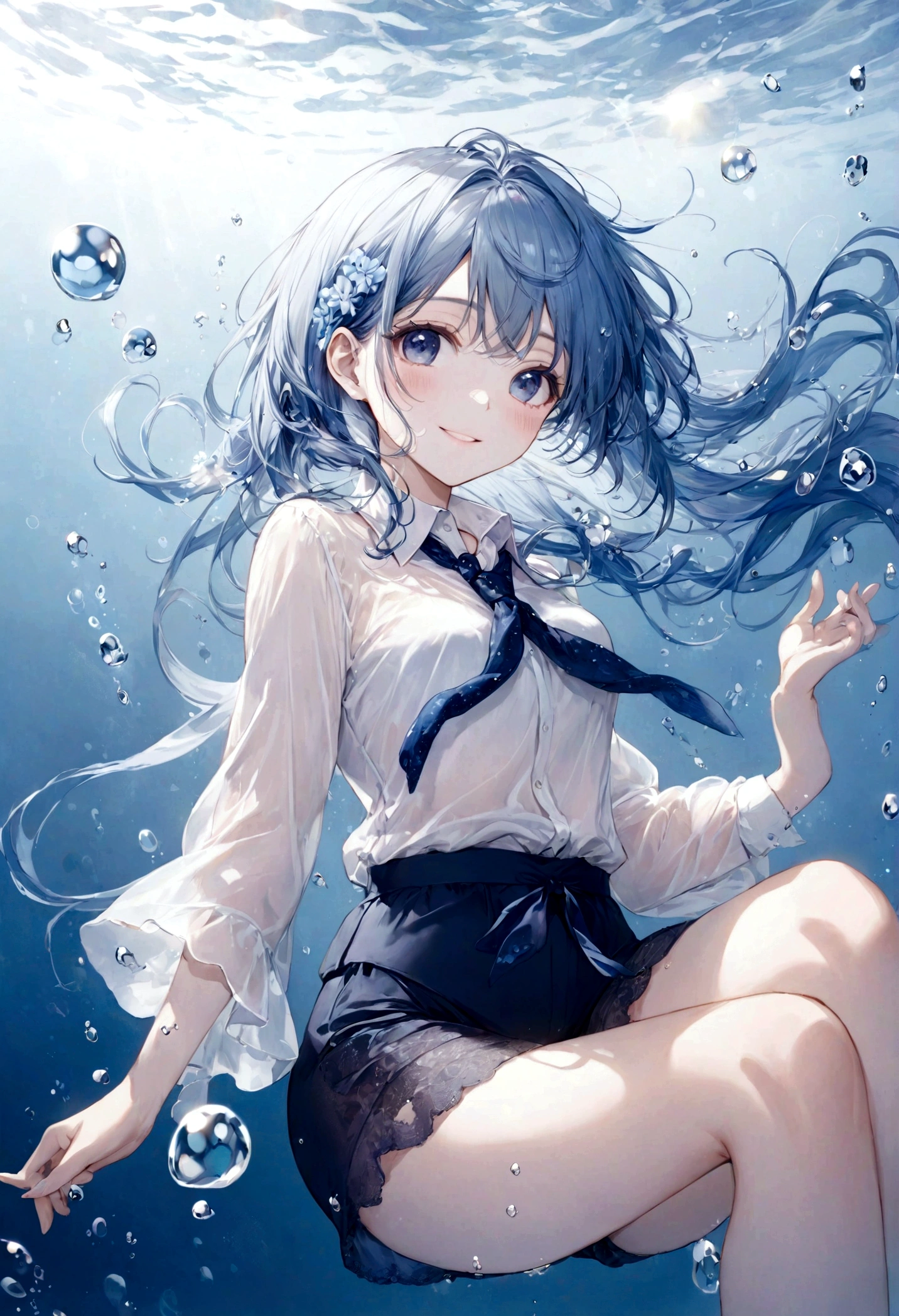 (top-quality)), ((masterpiece)), ((ultra-detailliert)), (extremely delicate and beautiful), bright sky blue hair, watery hair, bright sapphire eyes, fair skin, beautiful woman, sheer white shirt, sheer silky navy blue shorts, navy blue ribbon tie, pearl decorations, underwater world, cold background, air bubbles, water bubbles, underwater, sweet smile, relaxed expression, delicate wavy long hair, blue and white flowers in the water