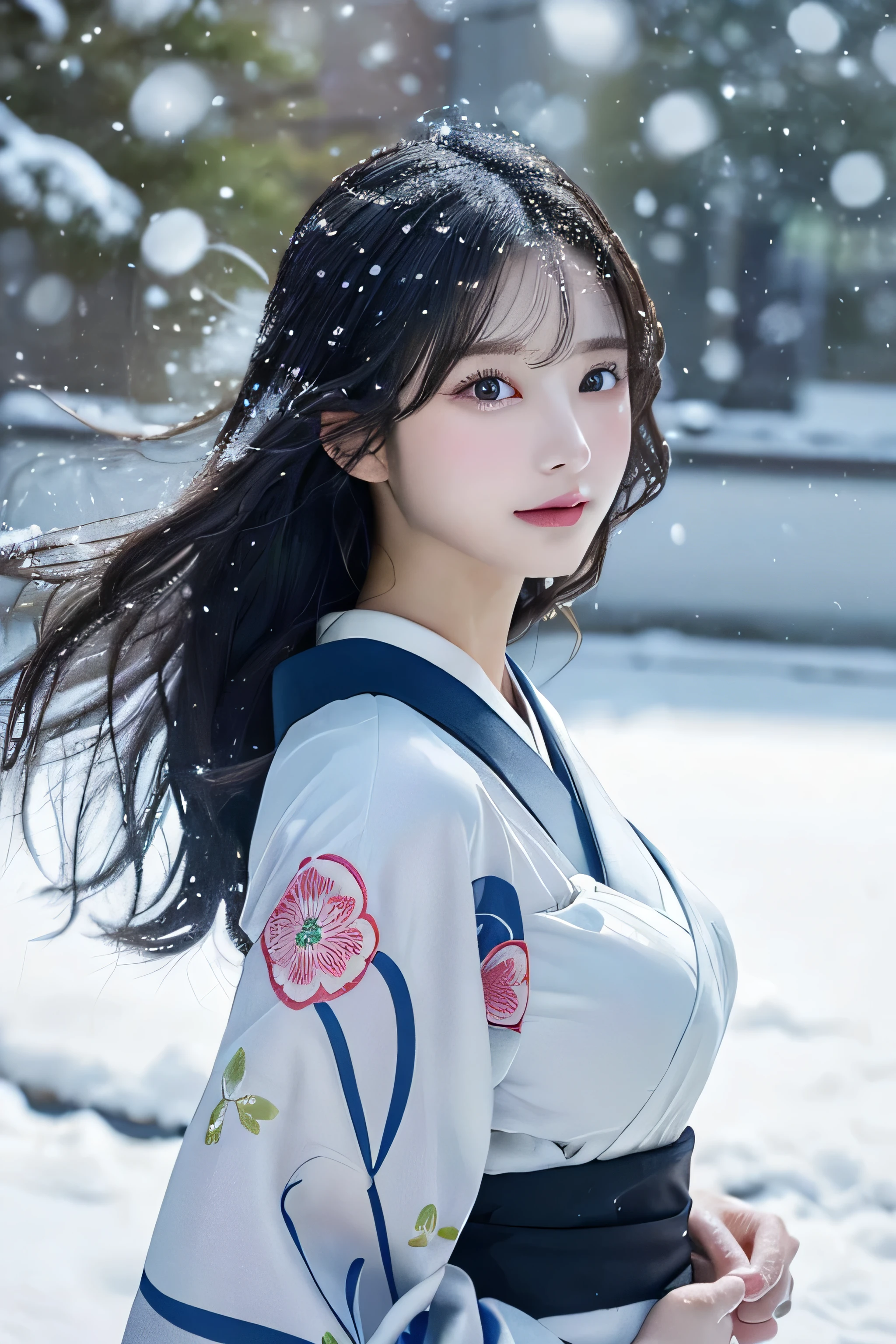 (Kawaii Kimono)、、(top-quality,​masterpiece:1.3,超A high resolution,),(ultra-detailliert,Caustics),(Photorealsitic:1.4,RAW shooting,)Ultra-realistic capture,A highly detailed,high-definition16Kfor human skin、 Skin texture is natural、、The skin looks healthy with an even tone、 Use natural light and color,One Woman,japanes,,kawaii,A dark-haired,Middle hair,(depth of fields、chromatic abberation、、Wide range of lighting、Natural Shading、)、、(Falling snow:1.3)、(Hair swaying in the wind:1.3)、(Snow reflects light:1.3)  、(Large Breasts:1.3)、