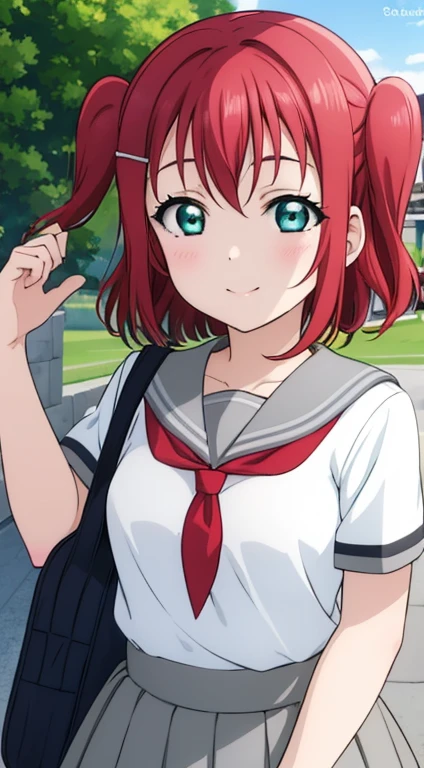 (masterpiece, best quality), illustration, detailed eyes, 1girl, solo, kurosawa ruby, flat chest, red hair, two side up, green eyes, smile,
, white shirt, pleated skirt, serafuku, grey skirt, red neckerchief, tie clip, uranohoshi , grey sailor collar, bag,
outdoors,