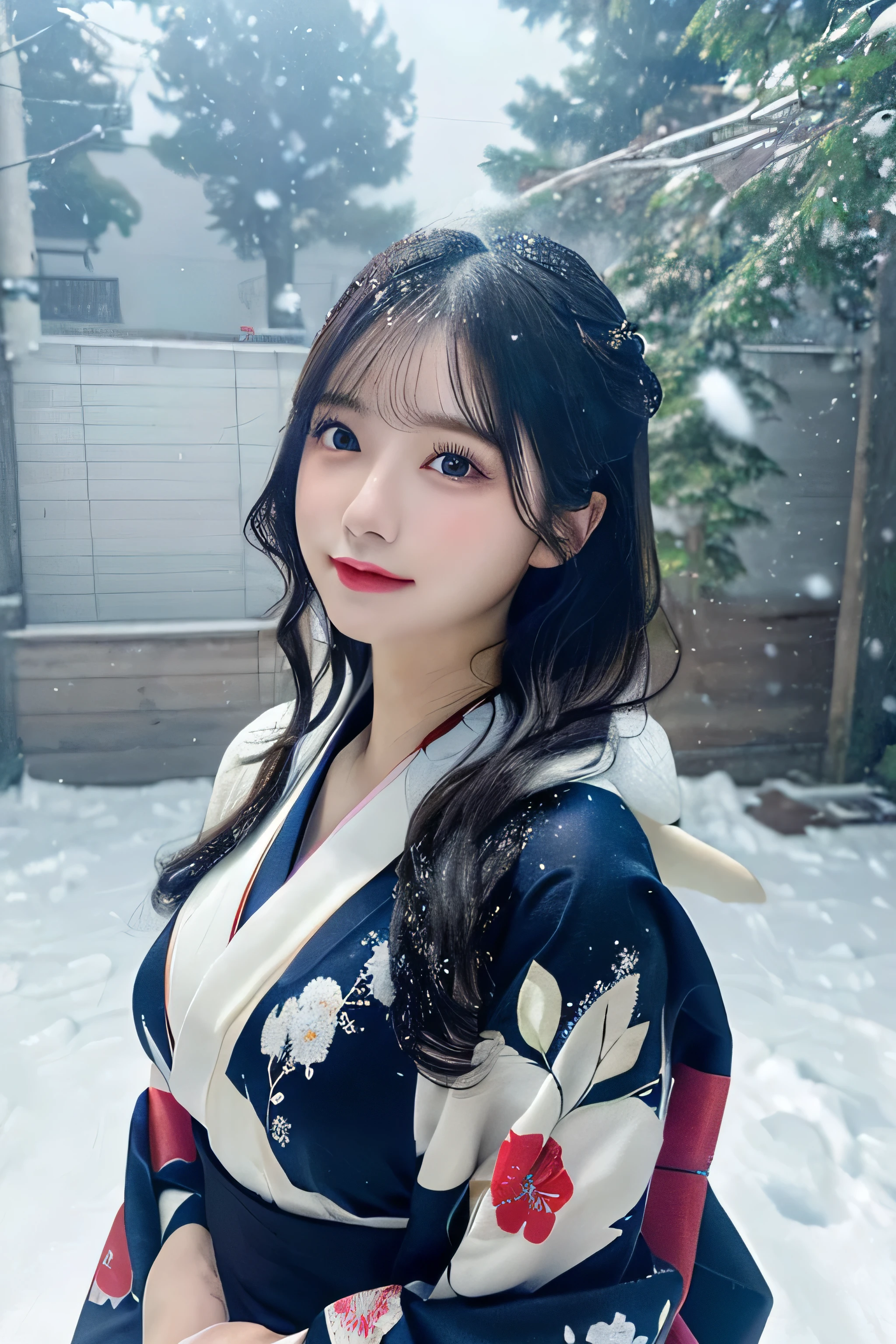 (Kawaii Kimono)、、(top-quality,masterpiece:1.3,超A high resolution,),(ultra-detailliert,Caustics),(Photorealsitic:1.4,RAW shooting,)Ultra-realistic capture,A highly detailed,high-definition16Kfor human skin、 Skin texture is natural、、The skin looks healthy with an even tone、 Use natural light and color,One Woman,japanes,,kawaii,A dark-haired,Middle hair,(depth of fields、chromatic abberation、、Wide range of lighting、Natural Shading、)、、(Falling snow:1.3)、(Hair swaying in the wind:1.3)、(Snow reflects light:1.3) 、(Large Breasts:1.3)、