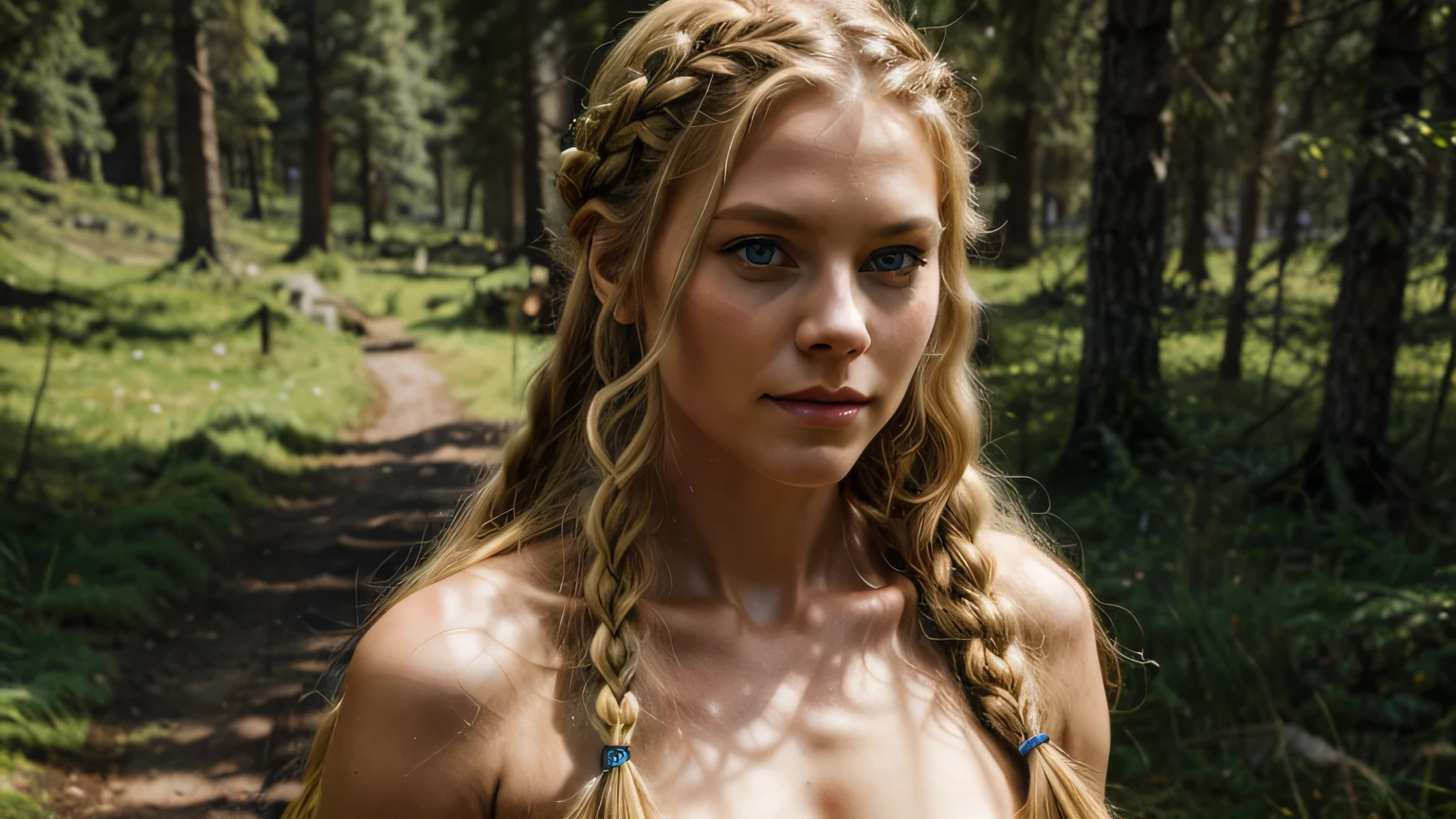 Viking woman, long blonde hair, braids, blue eyes, slight smile, beautiful and defined body, surrounded by nature.
