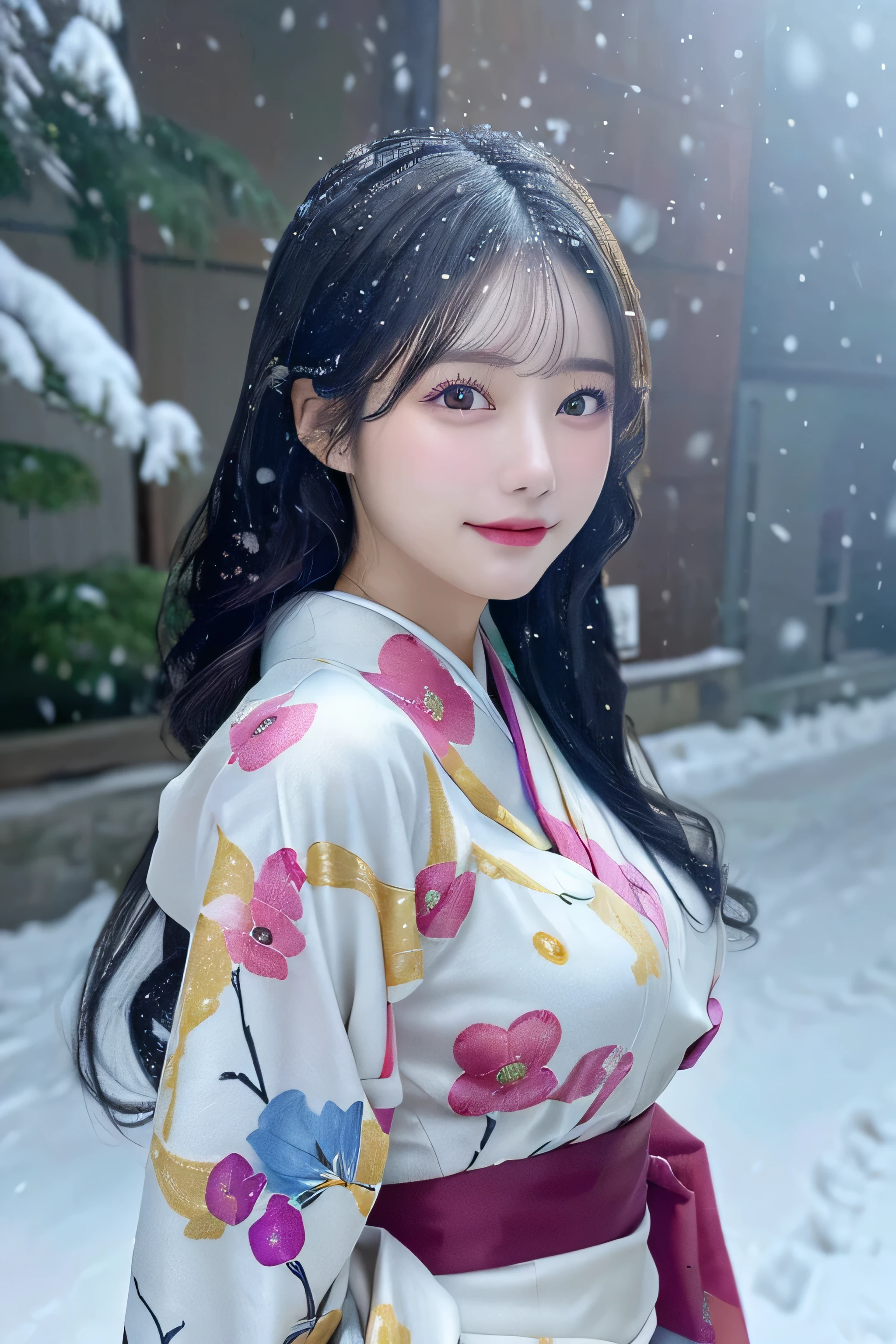 (Kawaii Kimono)、、(top-quality,masterpiece:1.3,超A high resolution,),(ultra-detailliert,Caustics),(Photorealsitic:1.4,RAW shooting,)Ultra-realistic capture,A highly detailed,high-definition16Kfor human skin、 Skin texture is natural、、The skin looks healthy with an even tone、 Use natural light and color,One Woman,japanes,,kawaii,A dark-haired,Middle hair,(depth of fields、chromatic abberation、、Wide range of lighting、Natural Shading、)、、(Falling snow:1.3)、(Hair swaying in the wind:1.3)、(Snow reflects light:1.3) 、(Large Breasts:1.3)、
