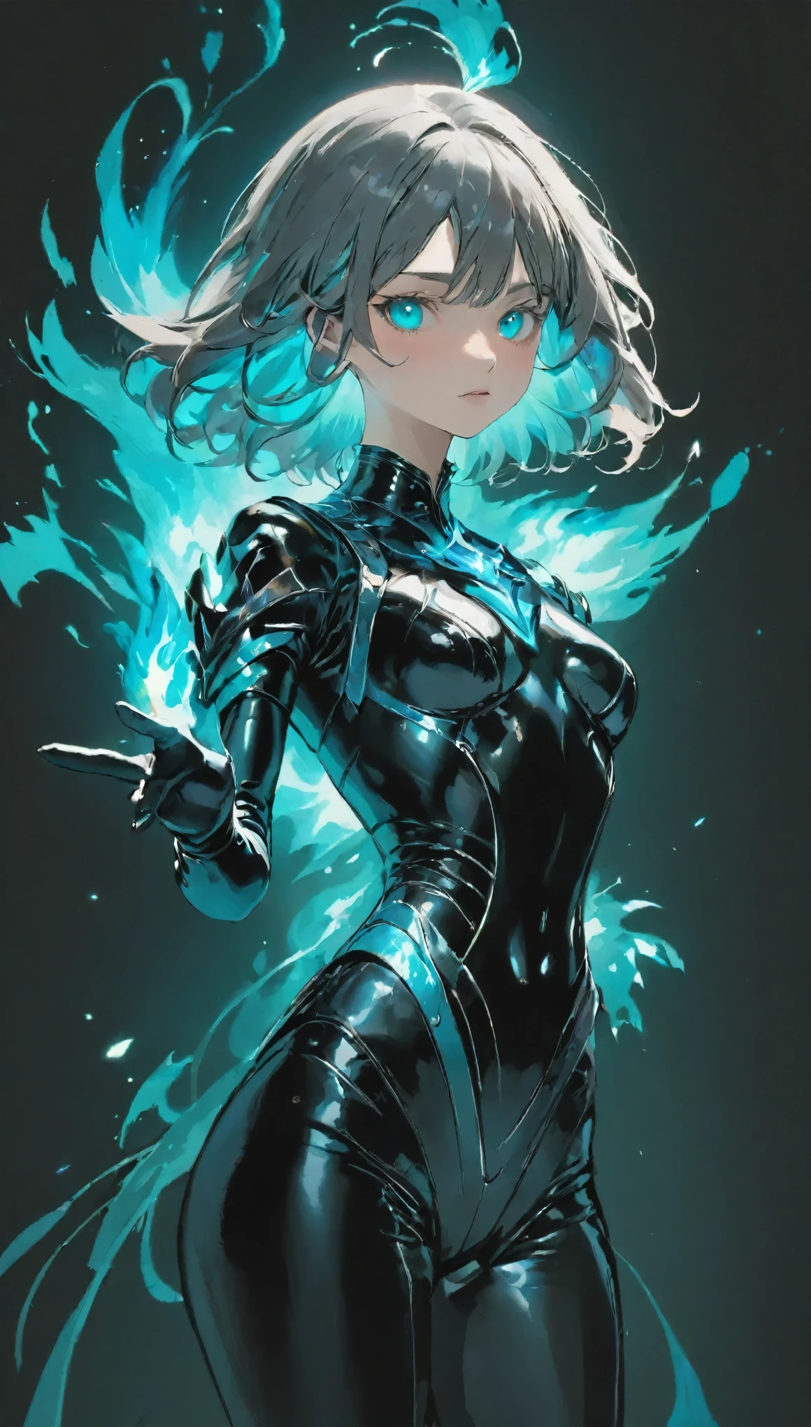Multicolor, 1 girl, night, dark, Grey Hair,(Detailed drawn eyes), Sharp eyes, anger, Looking at the audience, Shiny black latex bodysuit, Black shiny body armor, Upper Body, , Incredibly Tiny Waist , Blue Flame Wizard, A pale ball of flame floating in the palm of your hand, Limited edition palette, Black background,Shining Turquoise,