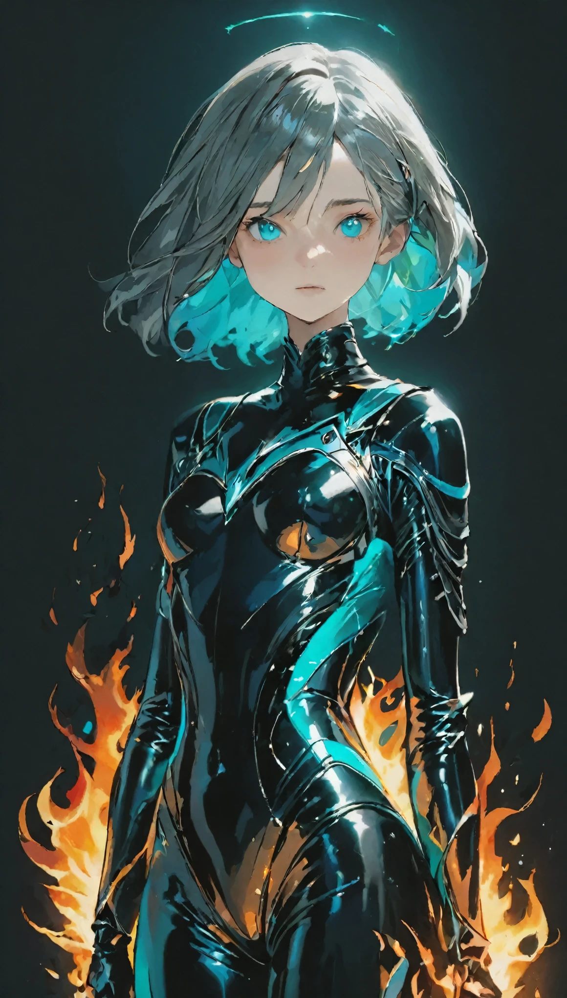 Multicolor, 1 girl, night, dark, Grey Hair,(Detailed drawn eyes), Sharp eyes, anger, Looking at the audience, Shiny black latex bodysuit, Black shiny body armor, Upper Body, , Incredibly Tiny Waist , Blue Flame Wizard, A pale ball of flame floating in the palm of your hand, Limited edition palette, Black background,Shining Turquoise,