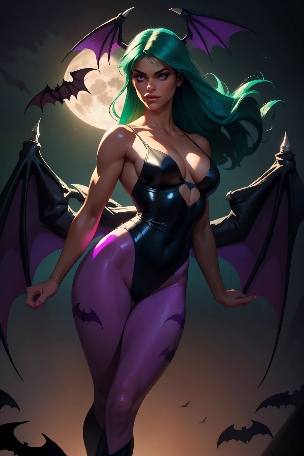 Realistic oil paint portrait of Morrigan Aensland, moonlight, hot Body, ((Dynamic pose)) , soft smile, long green hair black costume , (((Bat wings))) , Hot body, athletic, (purple legs) , detailed skin Textures, intricate, detailed face, hyperrealistic, realistic light and shadows , ((cinematic lighting)) . (((Poetic lighting background))) .