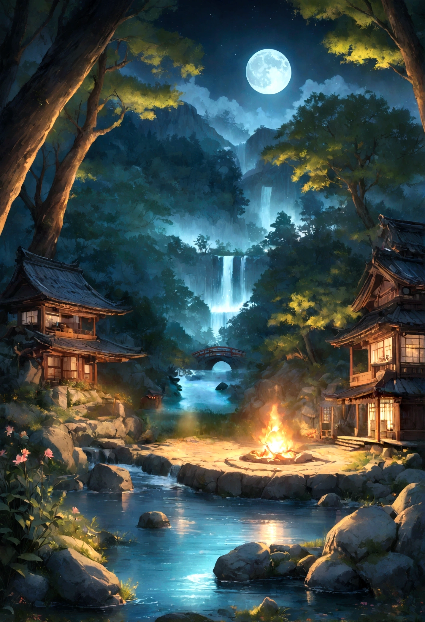 Old Samurai sitted near a bonfire and near the lake. Cooking dango, rusty and broken armor, foxes around, Ancient Japanese architecture, moon, midnight, garden, bamboo, lake, stone bridge, rockery, arch, corner, tree, running water, landscape, outdoor, waterfall, grass, rock, water lily, hot spring, water vapor, (Illustration: 1.0), Epic Composition, Realistic Lighting, HD Details, Masterpiece,