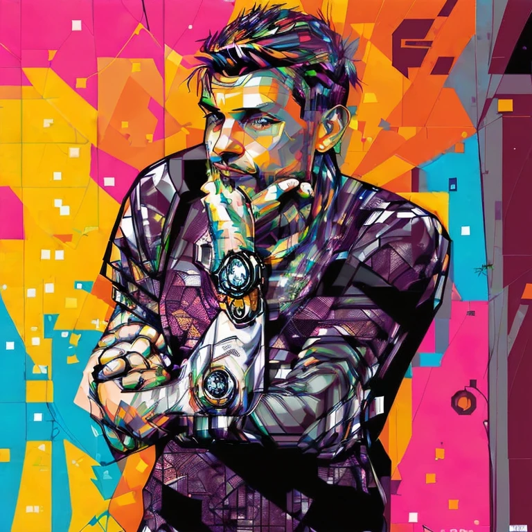There is a man with a tattoo on his arm and a watch on his wrist, cuerpo completo!! suave en el fondo, graffiti de fondo, retrato en plano medio, ropa de calle ciberpunk, Antón Fadeev 8k