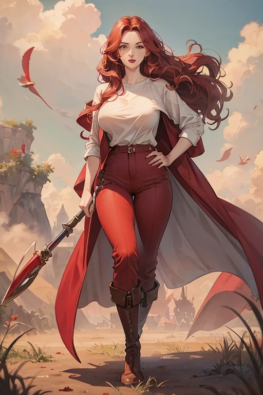 A redhead standing on the ground, wide hips, thin waist, beautiful full red lips, lush wavy hair, long torpedo shaped tits, brown pants, loose white shirt, long riding boots