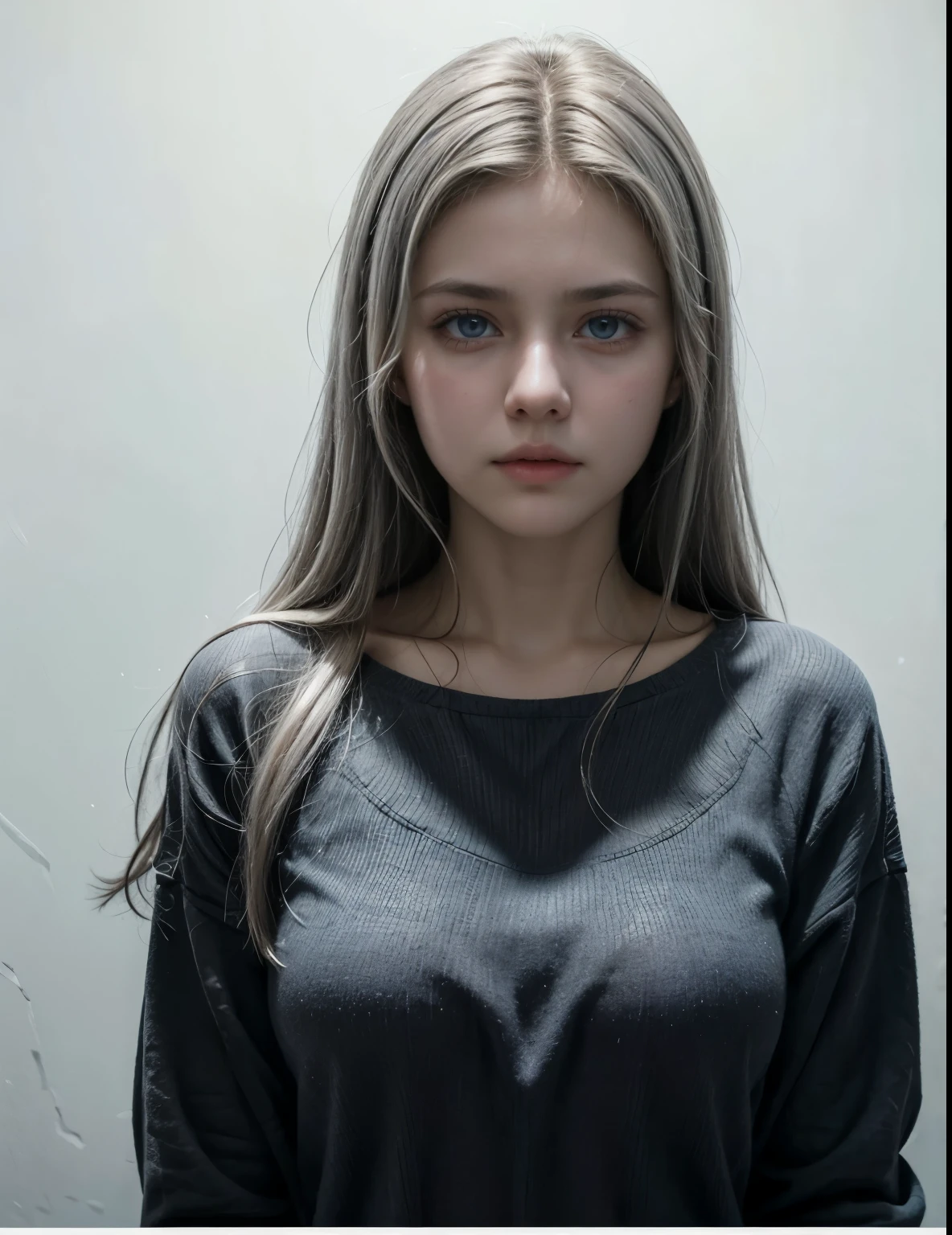 A beautiful girl from the front, she is facing the viewer, long gray hair, light blue eyes, short black blouse without bra, real texture, realistic textured clothes, cinematic in science fiction style.