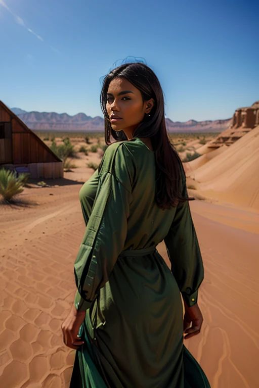 (best quality:1.5), (hyperrealistic:1.5), tall_toned, straight_long_black_haired, brown_eyed, tanned_oily_olive_skin, 32_year_old_mauritanian_woman, all_green_tunic_clothes, walking_outside_wood_house, hot_desert_scenery, side_view