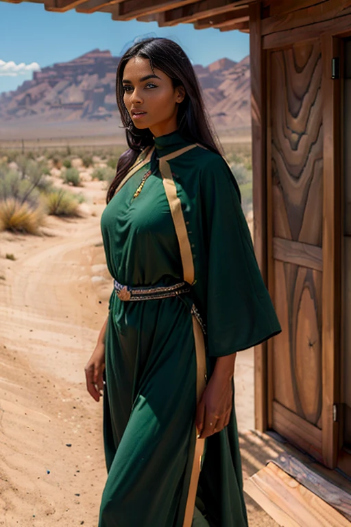(best quality:1.5), (hyperrealistic:1.5), tall_toned, straight_long_black_haired, brown_eyed, tanned_oily_olive_skin, 32_year_old_mauritanian_woman, all_green_tunic_clothes, walking_outside_wood_house, hot_desert_scenery, side_view
