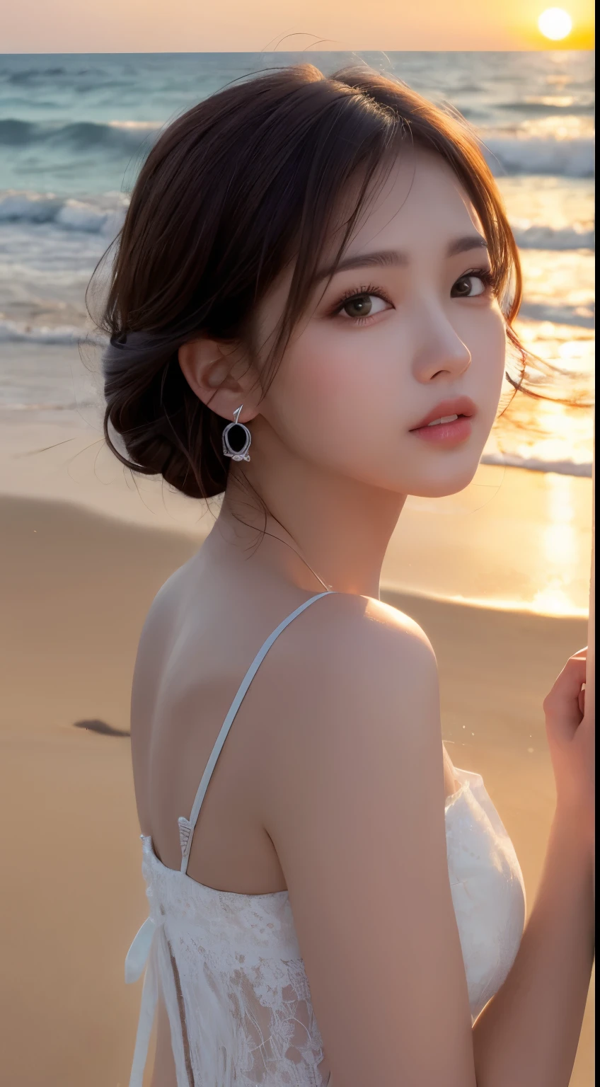 Mustepiece, top quality, illustration, ultra-definition, fine details, high resolution, 8K wallpaper, perfect dynamic composition, beautiful detailed eyes, wearing a dress, natural color lips, beach, random cute pose, perfect and beautiful face , cute, sexy face, sunset, feminine face
