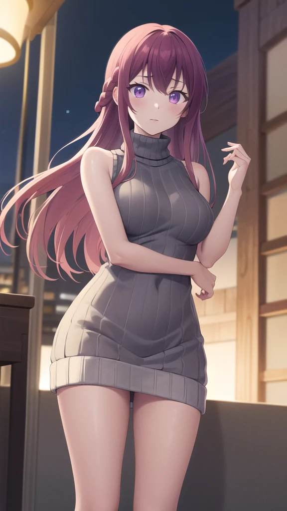 masterpiece, best quality, highres, 1girl, solo, long hair, purple hair, braid, purple eyes, sweater dress, ribbed sweater, virgin killer sweater, turtleneck, sleeveless, outdoors, standing, night, street,