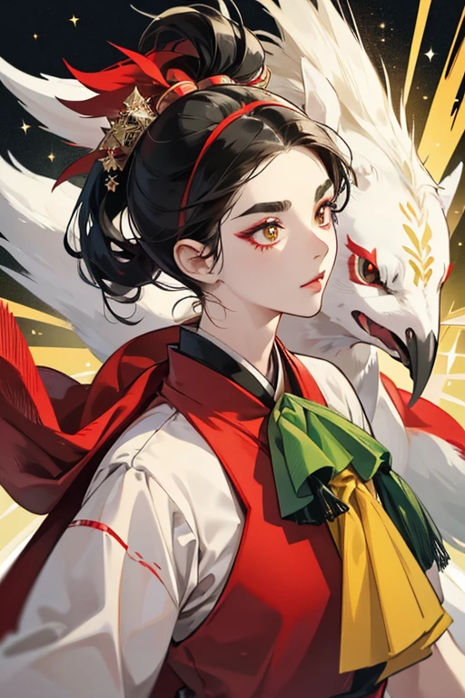Kabukitchi has a white face with red markings, narrow eyes and pointed eyebrows. she has black hair that sticks out straight, with a green ornament on top of her head. she has a red, curved beak, and wears a yellow outfit with a red vest. SPARKLE; GLITTER