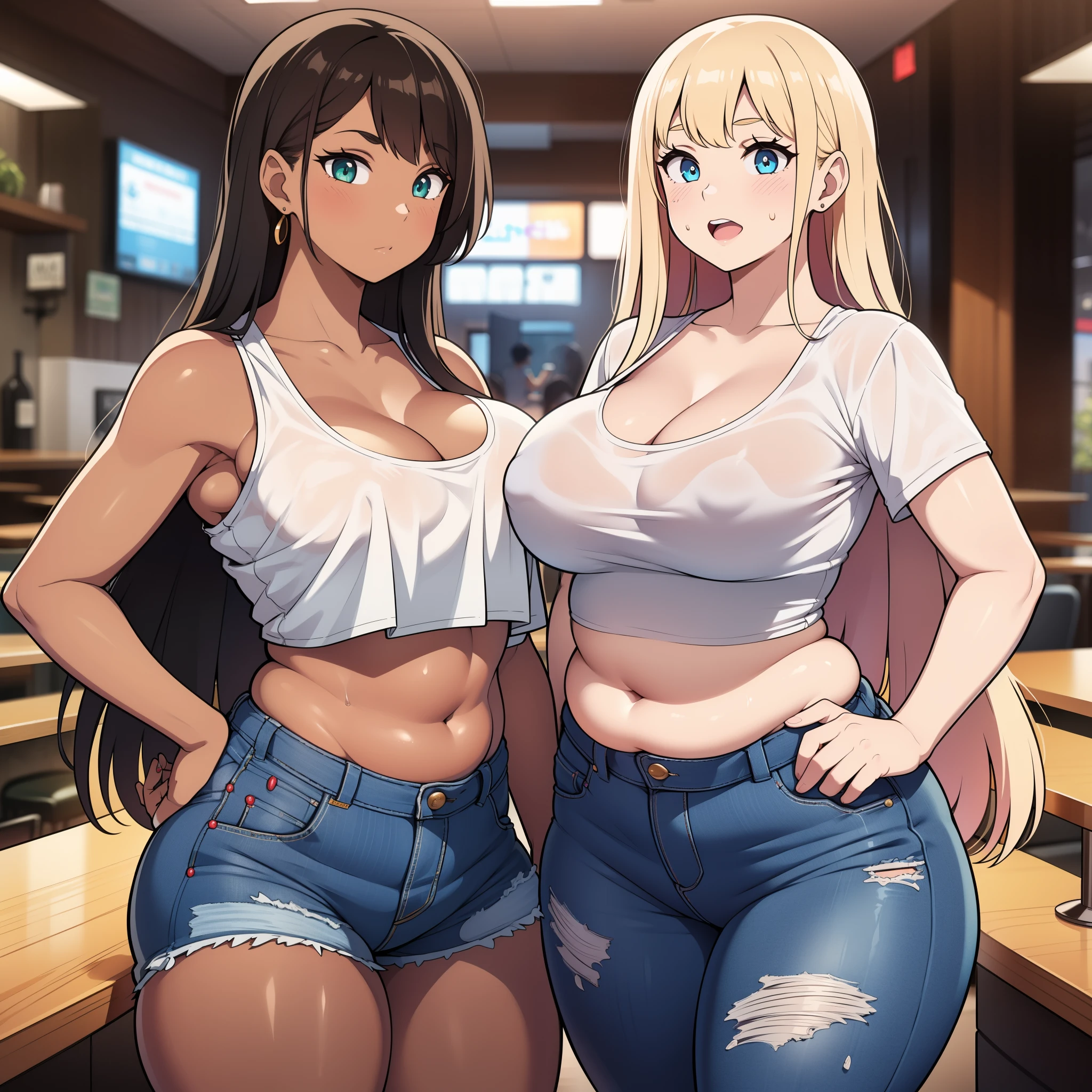 ((highres)), Masterpiece, high quality, best quality, beautiful, perfect lighting, detailed face, ultra cute face, ((2girls)), one girl has blonde hair, blue eyes, crop top and shorts, one girl has brown hair, green eyes, jeans, white shirt, fast food restaurant, cleavage, medium breasts, ((wide hips)), (thick thighs), ((plump)), chubby belly, fat folds, standing next to each other,