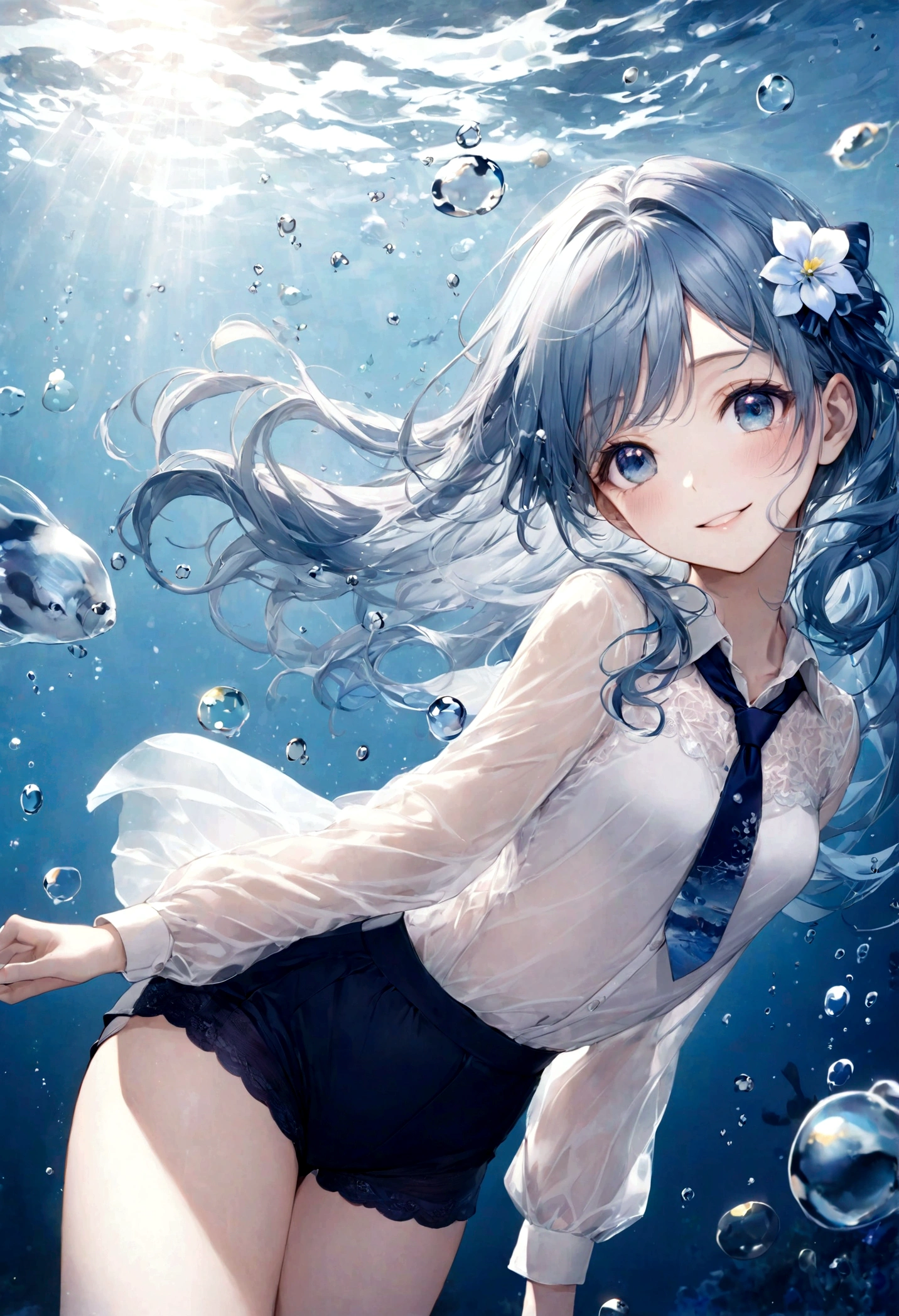 (top-quality)), ((masterpiece)), ((ultra-detailliert)), (extremely delicate and beautiful), bright sky blue hair, watery hair, bright sapphire eyes, fair skin, beautiful woman, sheer white shirt, sheer silky navy blue shorts, navy blue ribbon tie, pearl decorations, underwater world, cold background, air bubbles, water bubbles, underwater, sweet smile, relaxed expression, delicate wavy long hair, blue and white flowers in the water